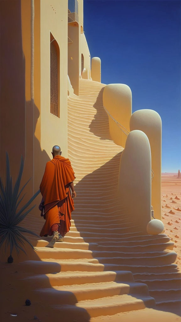 Person in orange robes climbing sunlit staircase near desert building