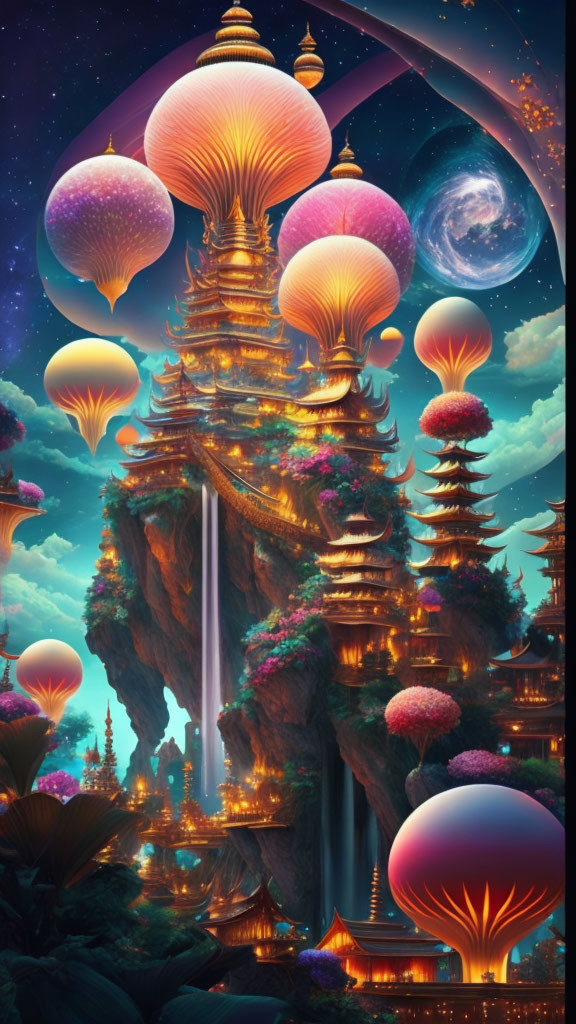 Majestic oriental rock formation with waterfalls and hot air balloons