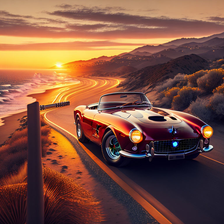 Classic Car Parked on Coastal Road at Sunset with Ocean and Mountain Views