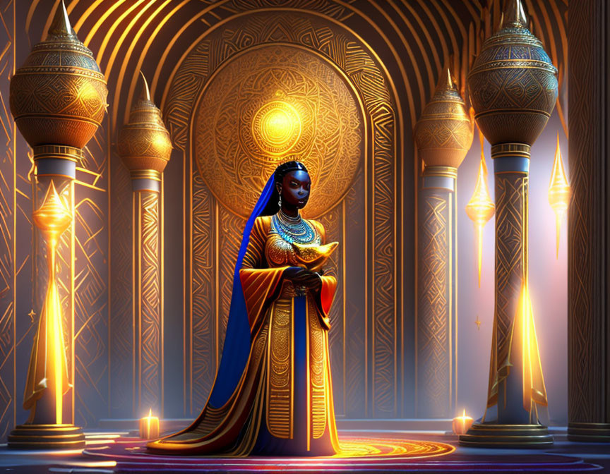 Illustrated woman in gold and blue garments in candle-lit temple