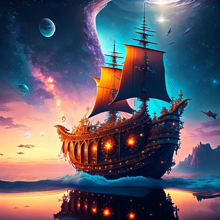 Glowing ship sailing on serene sea under starry sky