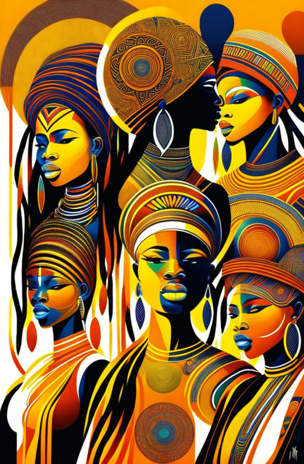 Colorful African women with elaborate headwear and jewelry in warm palette