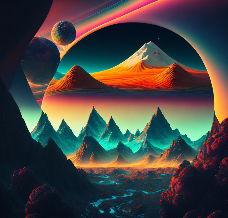 Colorful Alien Landscape with Ringed Planet and Moon