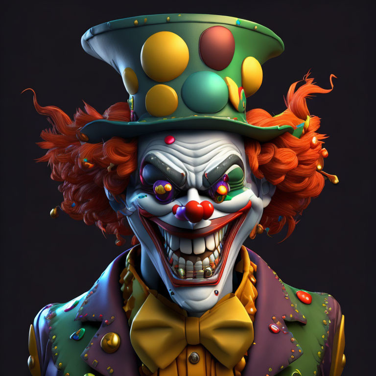 Colorful Sinister Clown with Polka-Dotted Jacket on Dark Background