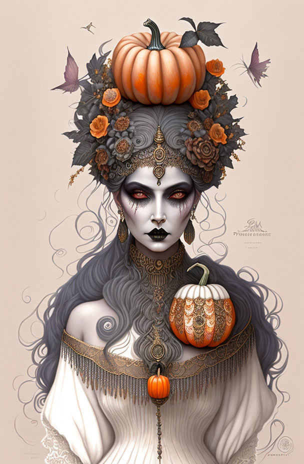 Pale-skinned woman with dark makeup holding a pumpkin, adorned with flowers and pumpkin in hair