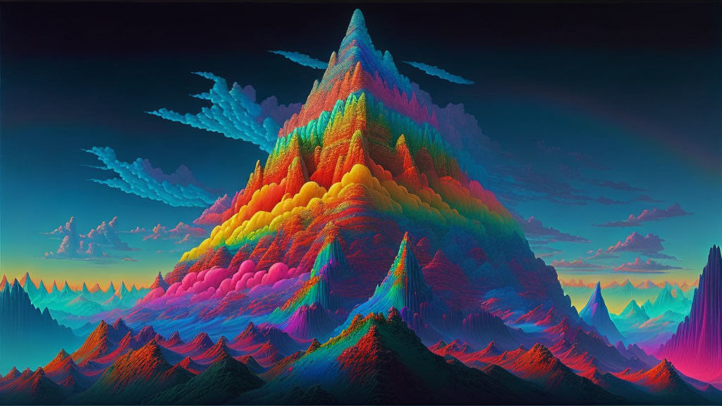 Colorful Digital Artwork: Multi-Colored Mountain with Surreal Landscape