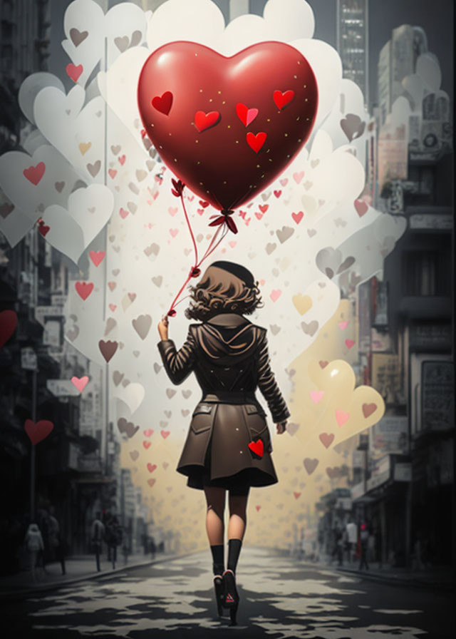 Person holding heart-shaped balloon in urban setting with floating hearts.