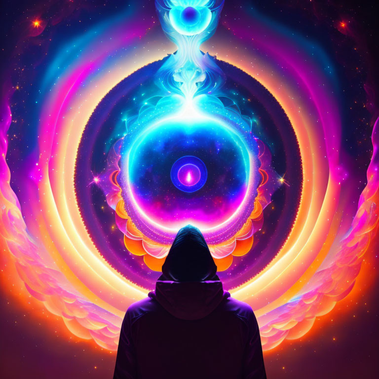 Silhouetted figure before vibrant cosmic portal with swirling neon colors