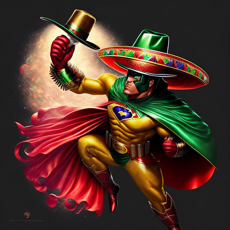 Green sombrero superhero in brown costume with red cape against starry backdrop