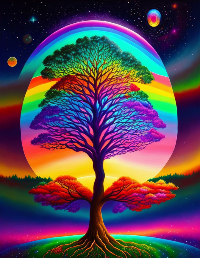 Colorful Psychedelic Tree Against Rainbow Sky and Sunset Horizon