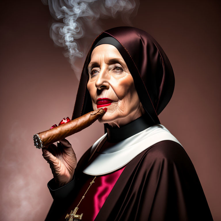 Elderly Woman Dressed as Nun with Crucifix Necklace Smoking Cigar