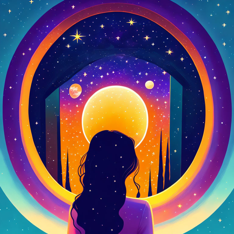 Silhouette person gazes at cosmic scene with stars and planets