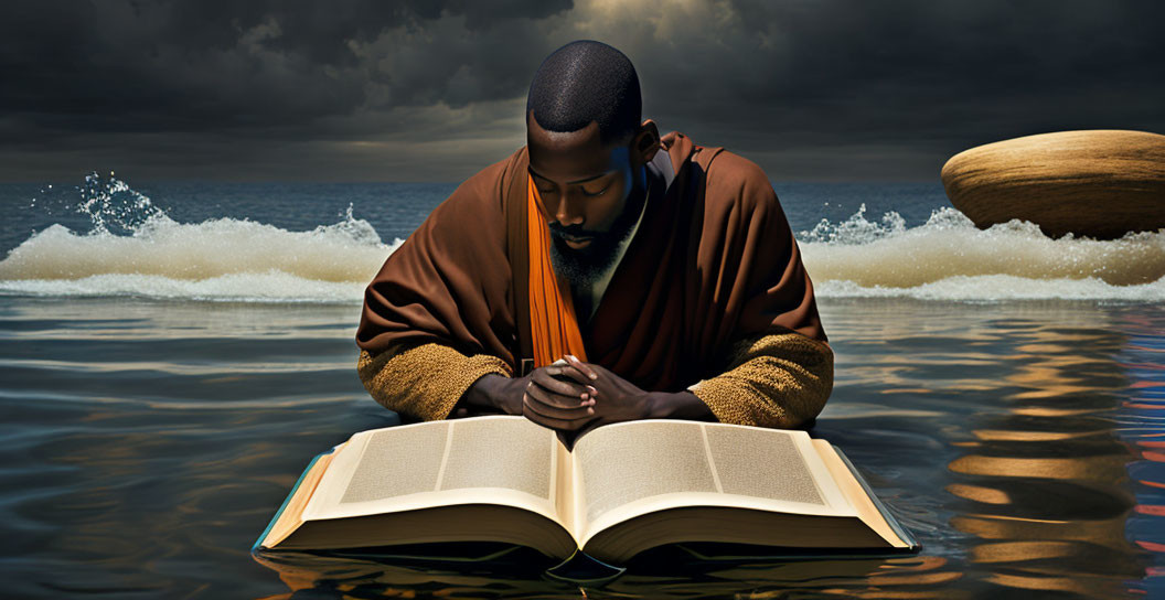 Man in contemplative prayer with large book near waves and wooden vessel