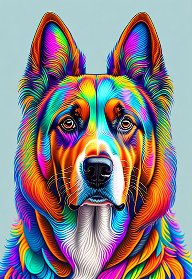 Colorful Neon Dog Portrait on Muted Blue Background