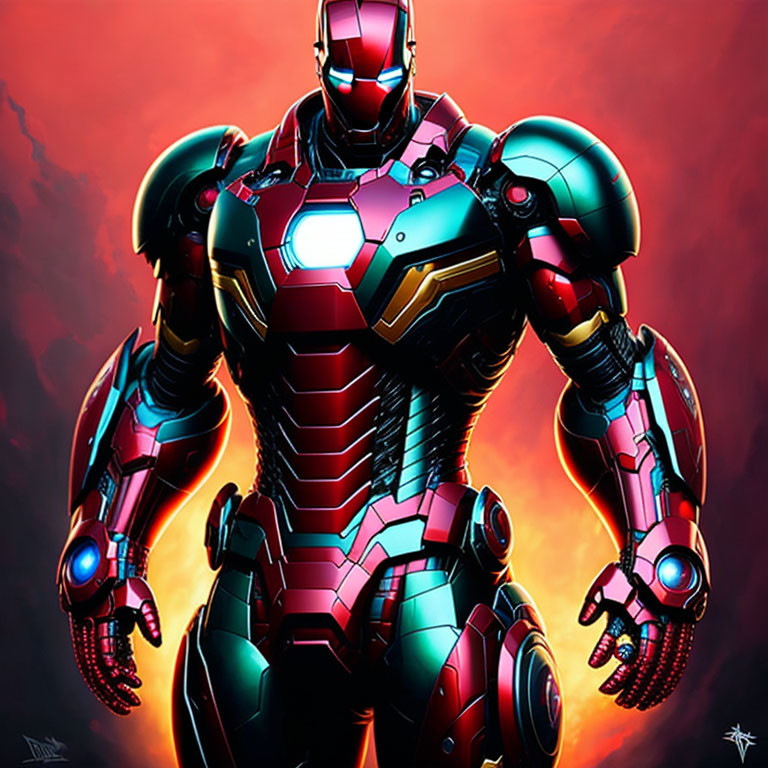 Detailed Red and Gold Iron Man Suit with Glowing Chest Reactor on Dynamic Red Background