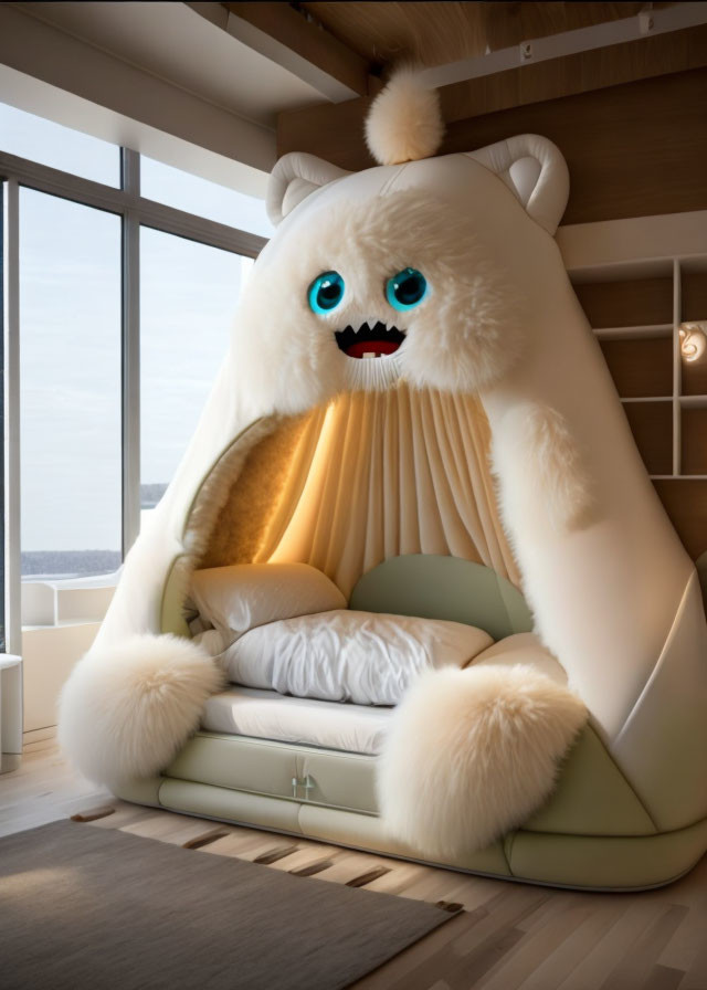 Cozy Monster-Shaped Chair with Blue Eyes and Mouth by Window