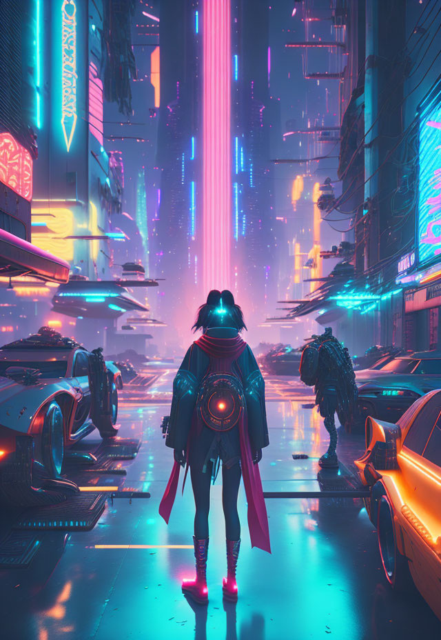 Futuristic neon-lit cityscape with hovering cars and skyscrapers