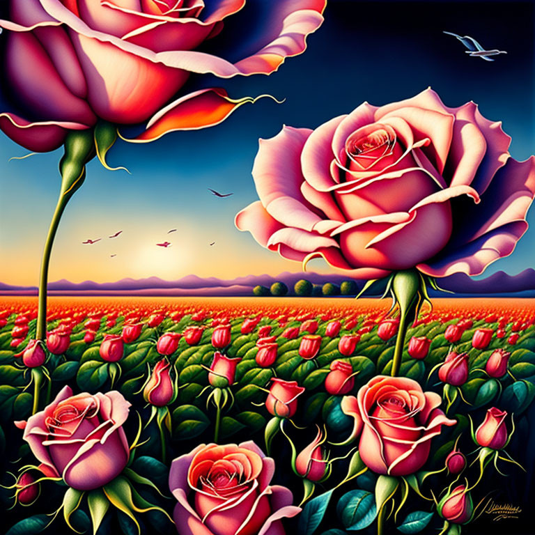 Colorful sunset sky with oversized pink roses and flying birds