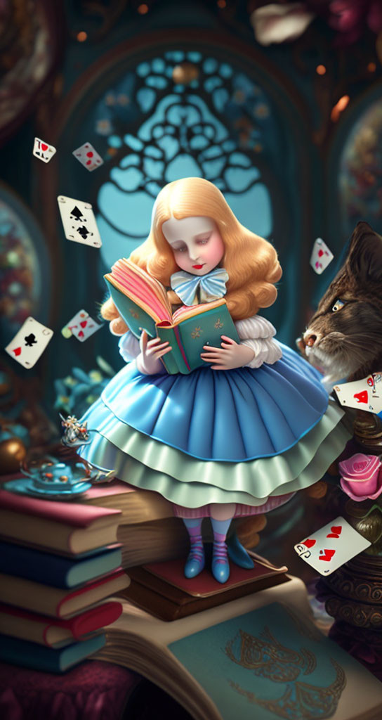 Stylized Alice in Wonderland illustration with playing cards and Cheshire cat