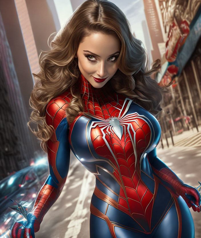 Female superhero in red and blue Spider-themed costume in urban setting