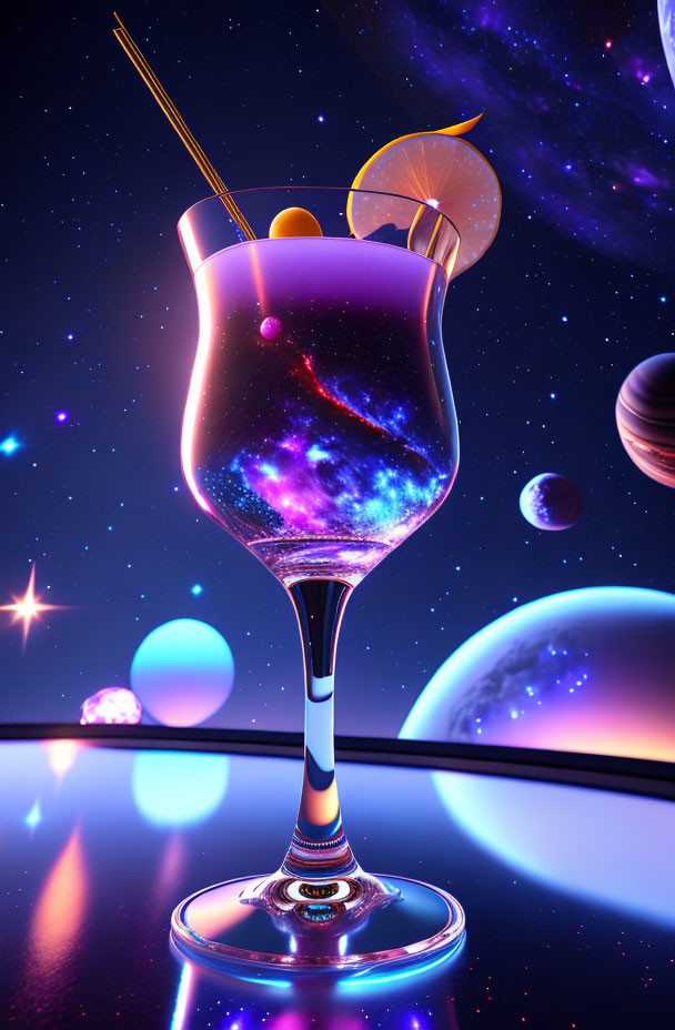 Galaxy-themed cocktail with swirl, fruit, and straw on space backdrop