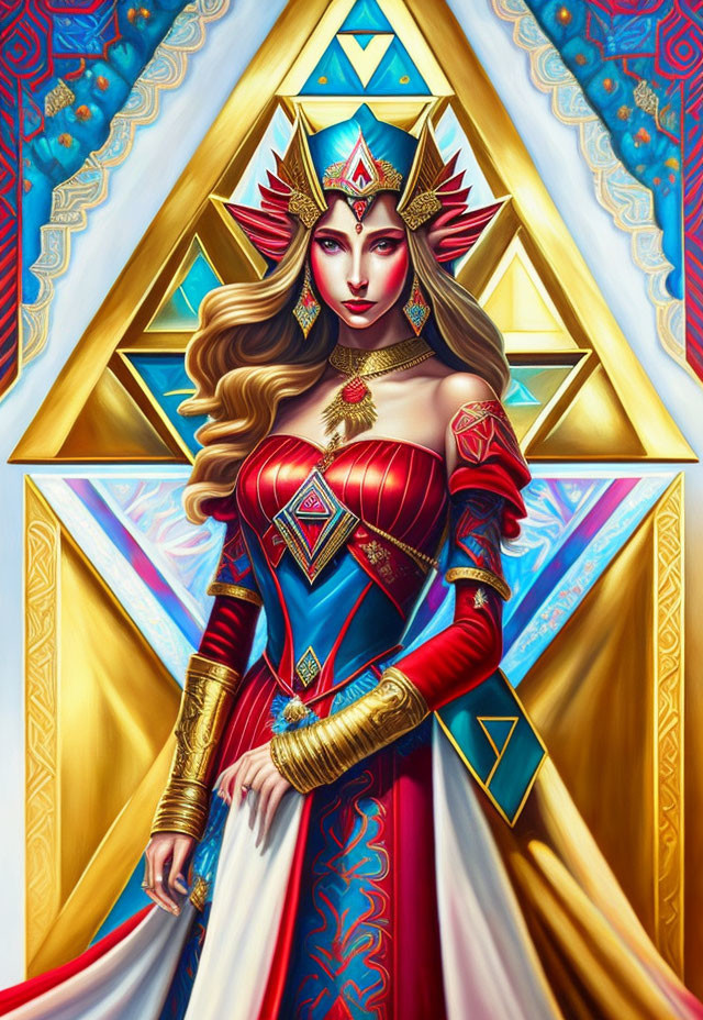 Regal female figure in golden crown and armor on geometric background