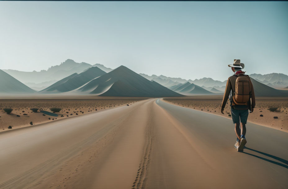 Lonely person with hat and backpack in desert landscape.