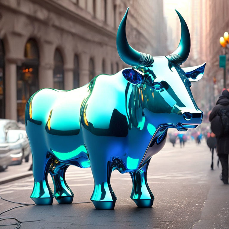 Glossy Metallic Blue Bull Sculpture on City Sidewalk