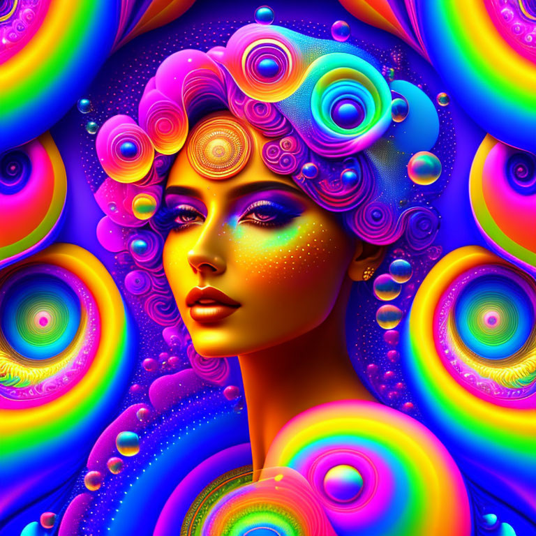 Colorful Stylized Woman Art with Psychedelic Patterns