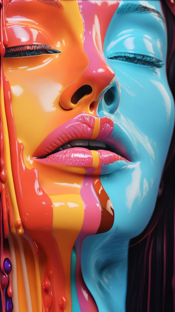 Colorful Artistic Sculpture: Orange and Blue Faces with Detailed Lips