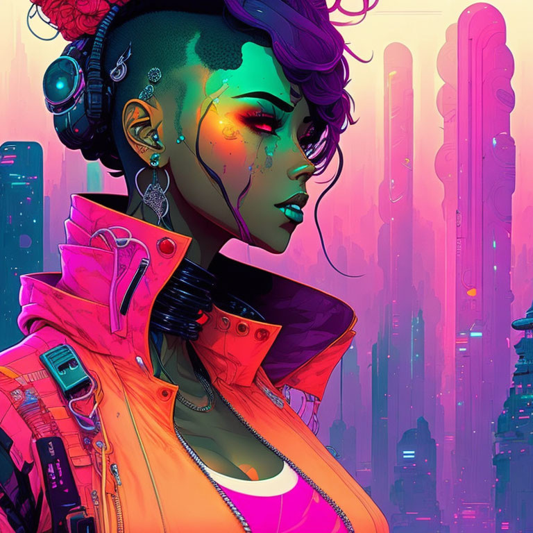 Female cyborg with green skin and futuristic headphones in neon cityscape