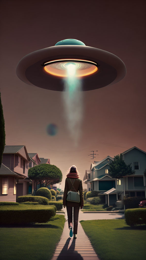 Woman walking towards hovering UFO on suburban street at dusk