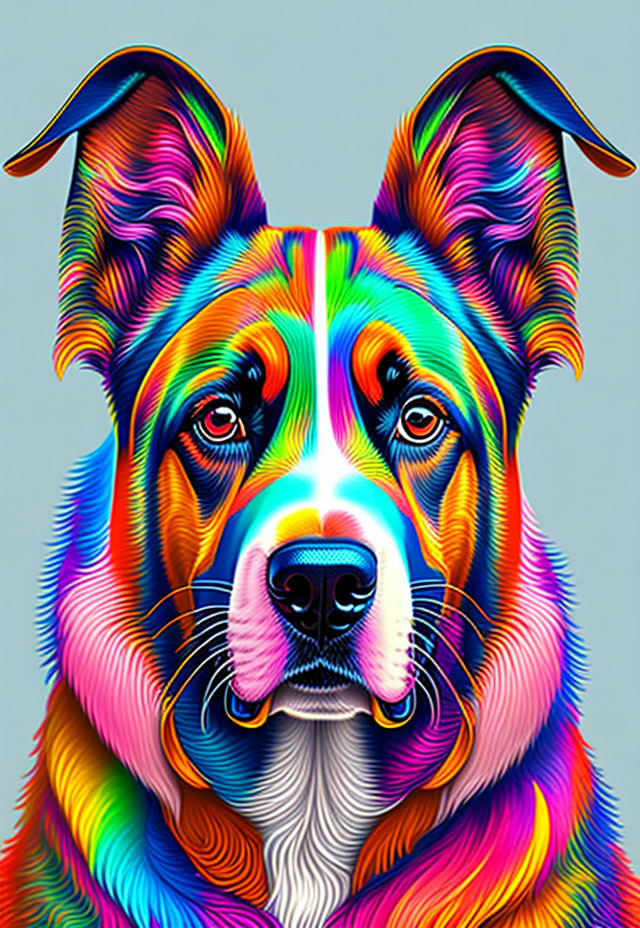 Colorful Psychedelic Dog Illustration with Rainbow Hues