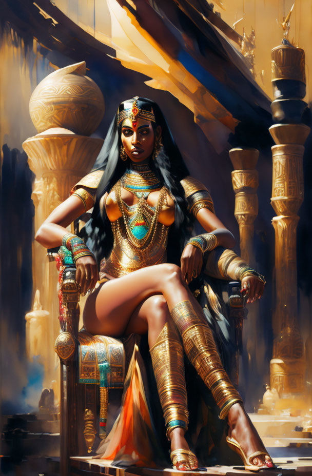 Regal woman in traditional attire on a sunlit throne