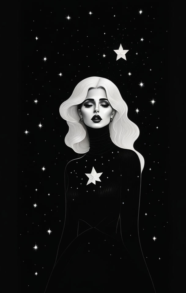 Monochrome Woman Illustration with Starry Background