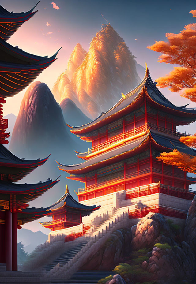 Traditional Asian-style pagoda nestled in mountain landscape.