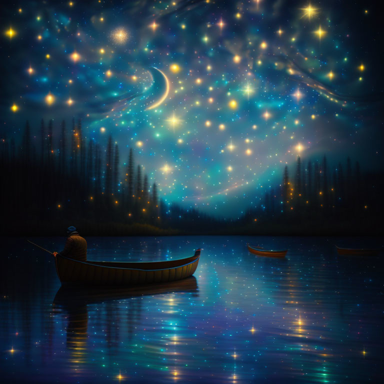 Person in Canoe on Tranquil Lake Under Starry Night Sky