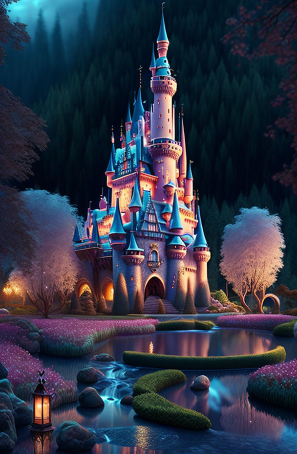 Castle at Twilight in Enchanted Forest with River and Lantern