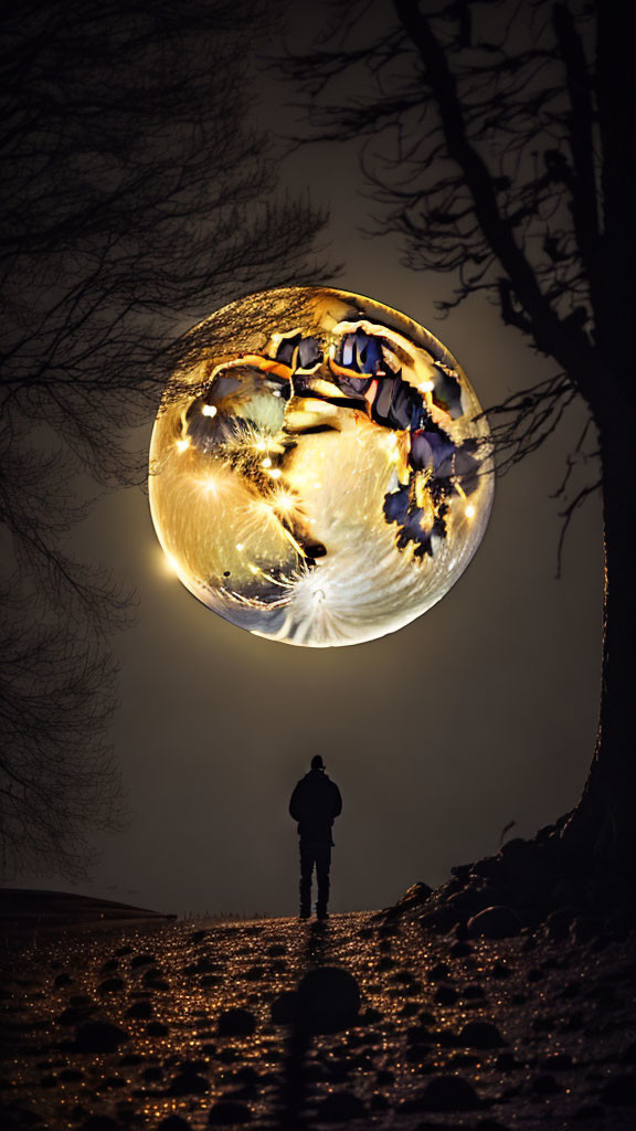 Person admires surreal moon with sleeping figure and animals by water