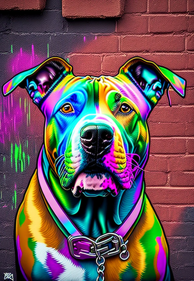 Colorful Dog Sitting in Front of Neon Graffiti Brick Wall