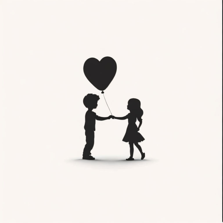 Two children holding hands with heart-shaped balloon silhouette.