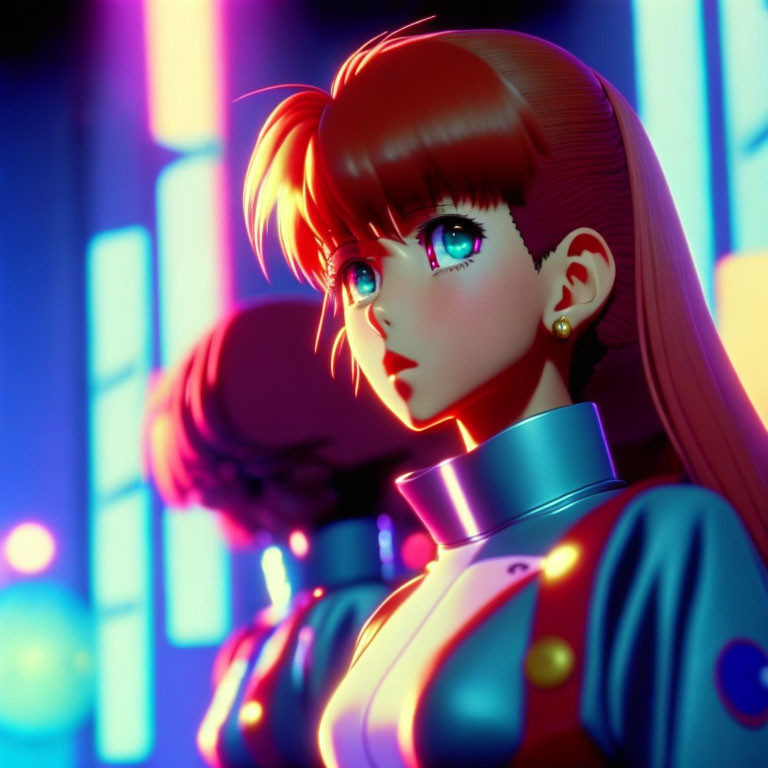 Anime-style 3D render: Red-haired female in futuristic outfit, neon-lit scene