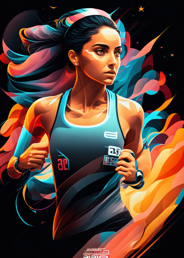 Colorful Female Athlete Running Illustration with Dynamic Trails