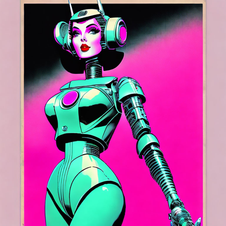 Futuristic female robot with sleek metallic body on pink background