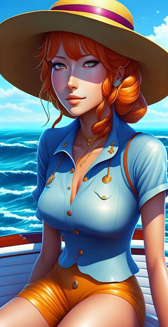 Illustrated woman with orange hair in straw hat and blue shirt on boat by vivid ocean