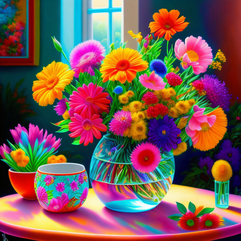 Colorful bouquet of flowers in glass vase on glossy table