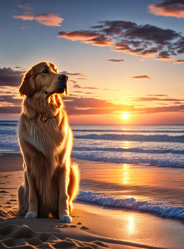 Golden retriever on beach at sunset with pensive gaze.