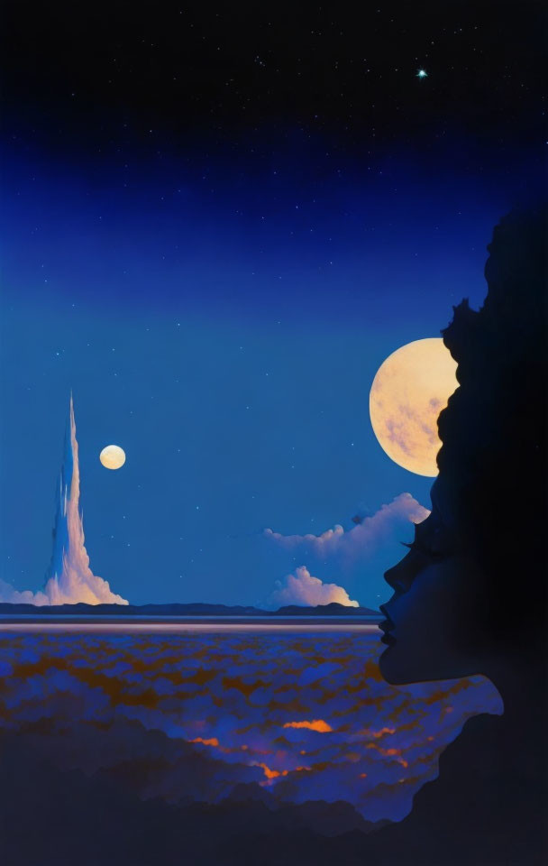 Surreal night landscape with moonrise, towering spire, fiery horizon, stars, and woman