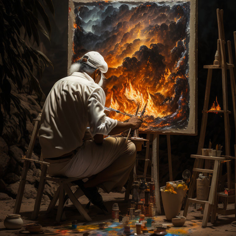 Artist painting vibrant fiery landscape in dimly lit studio