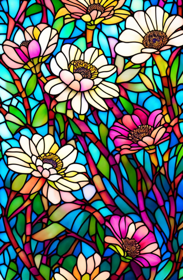 Vibrant daisies in stained glass window against blue background